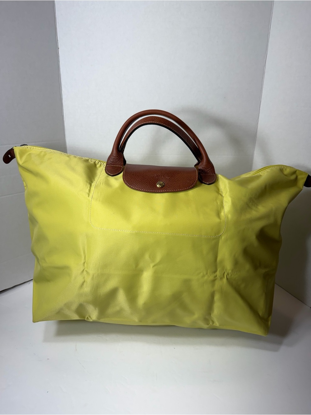 Longchamp XL Le Pliage Yellow Nylon Tote with Brown Leather Trim